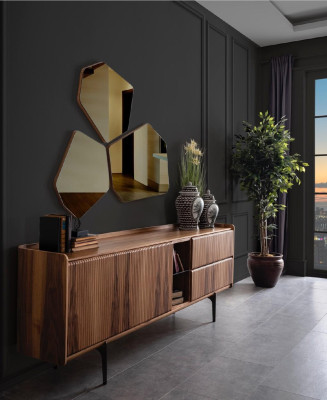 Esszimmer Set Luxus Garnitur Esstisch Sideboard 2x Stühle Spiegel Holz
