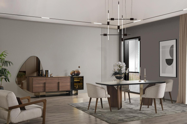 Esszimmer Set Essgruppe Esstisch Sideboard-mit-Spiegel Modernen 8tlg