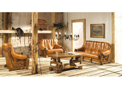 Wohnzimmer Sofagarnitur Couch Polster Sitz Sofa Leder Holz 3+1+1 Set