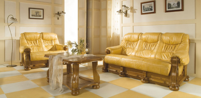 Sofagarnitur Holz Leder 3+2+1 Komplettes Set Klassik Couchgarnitur Sitz Polster