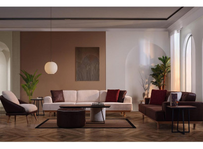 Stilvolle Braun-Weiße Sofagarnitur Wohnzimmer Sessel Couchtisch Hocker
