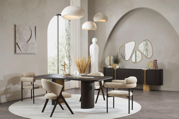 Schwarz-Beige Esszimmer Garnitur Rechteckiger Esstisch 4x Stühle Spiegel