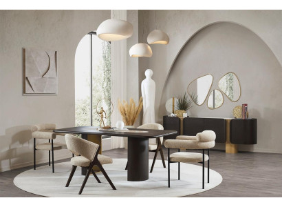Schwarz-Beige Esszimmer Garnitur Rechteckiger Esstisch 4x Stühle Spiegel