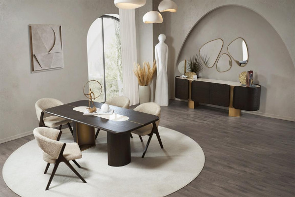 Schwarz-Beige Esszimmer Garnitur Rechteckiger Esstisch 4x Stühle Spiegel