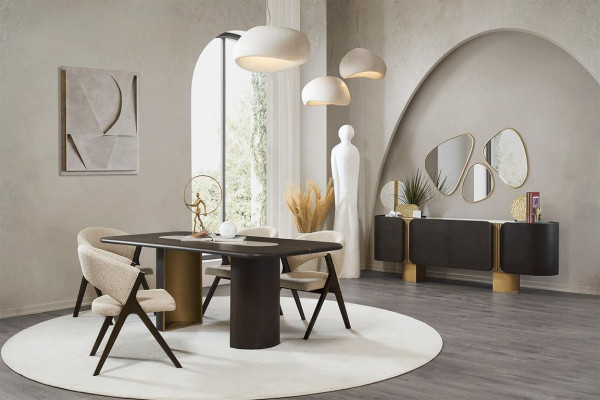 Schwarz-Beige Esszimmer Garnitur Rechteckiger Esstisch 4x Stühle Spiegel