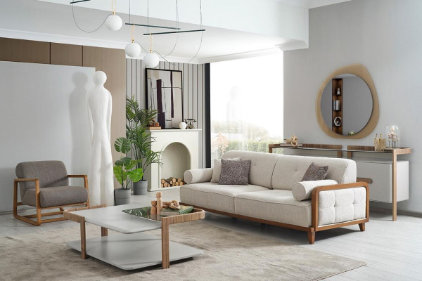 Edle Weiß-Graue Sofagarnitur Dreisitzer Designer Sessel Holz Couchtisch