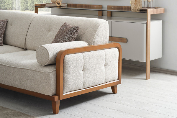 Edle Weiß-Graue Sofagarnitur Dreisitzer Designer Sessel Holz Couchtisch