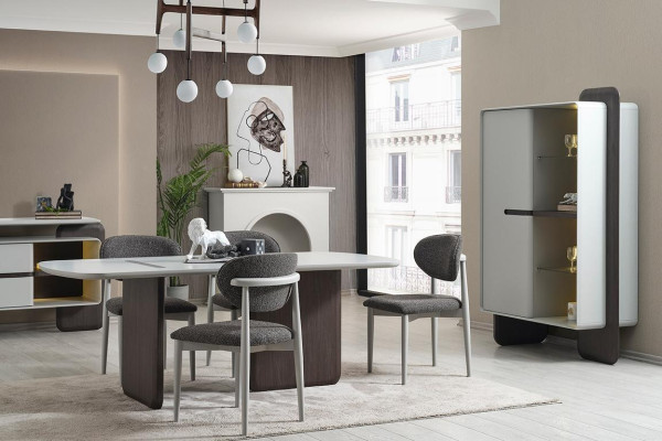 Grau-Weiße Esszimmer Garnitur Luxuriöser Esstisch 4x Stühle Vitrine 6tlg