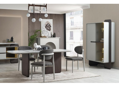 Grau-Weiße Esszimmer Garnitur Luxuriöser Esstisch 4x Stühle Vitrine 6tlg