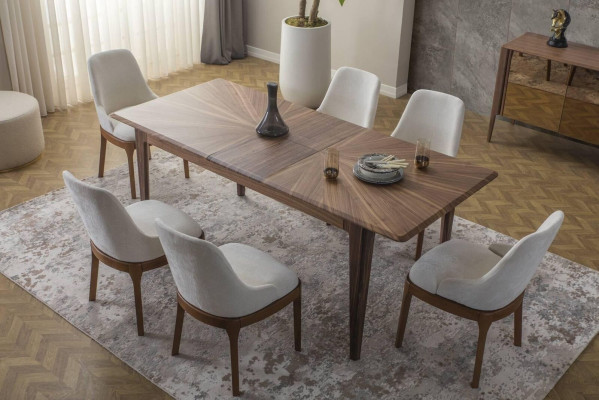 Luxuriöse Esszimmer Garnitur Recheckiger Esstisch 6x Textilstühle 9tlg