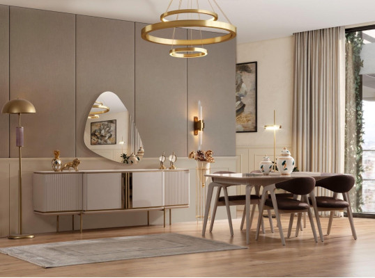 Holzmöbel Designer Esszimmergarnitur Beiger Esstisch 4X Stühle Anrichte