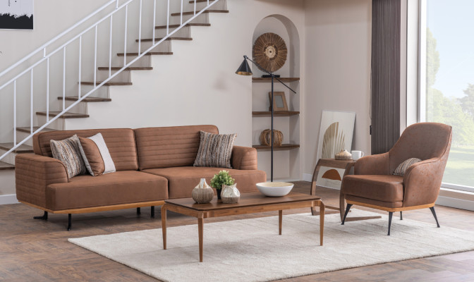 Luxus Sofagarnitur: Braun Dreisitzer-Sofa und Sessel für Wohnzimmer