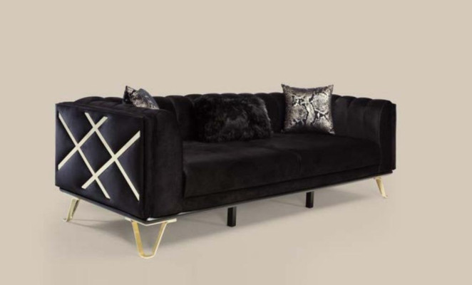 Sofagarnitur Schwarz Sofa 3+3+1 Sitzer Sessel Elegantes Metall Samt