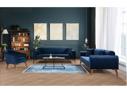 Sofagarnitur 3+3+1 Sitzer Sofa Sessel Royal Blaue Couch Samt 3tlg