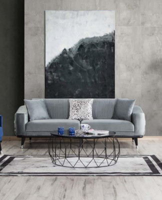 Sofagarnitur 3+3+1 Sitz Sofas Polster Couchen Holz grau blau Samt
