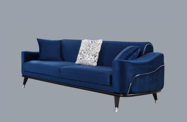 Sofagarnitur 3+3+1 Sitz Sofas Polster Couchen Holz grau blau Samt