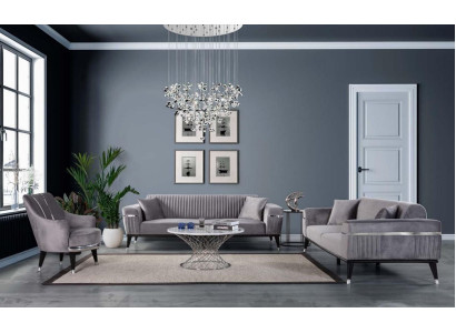 Sofagarnitur 3+3+1 Sitzer Sofa Sofas Sessel Stoff Holz Graue Couchen