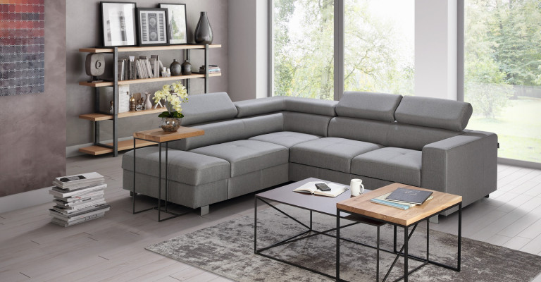 Ecksofa Bettfunktion Grau Stoff L-Form Sofa Couch Design Polster Modern Textil