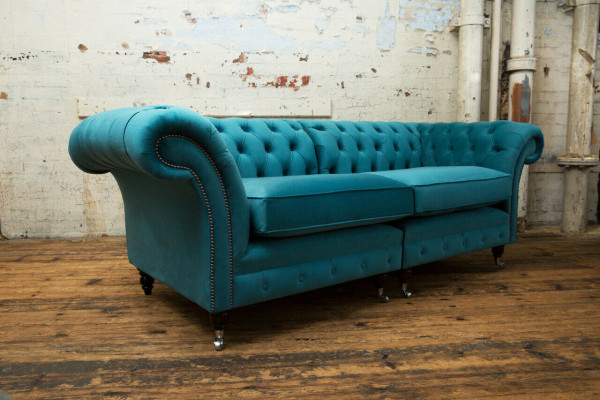 Sofas Chesterfield 3 Sitzer Couch Polster Sitz Textil Stoff Leder Couchen Turkis