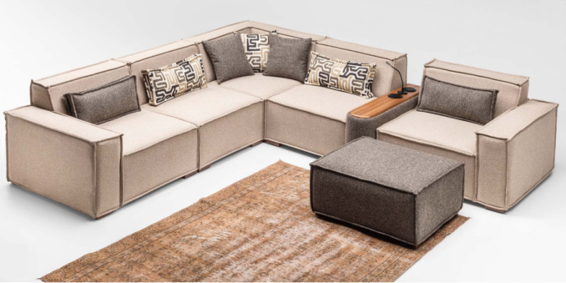 Komplette Ecksofa L form Hocker Polstersofa Stoffsofa Beige Sofa Couch