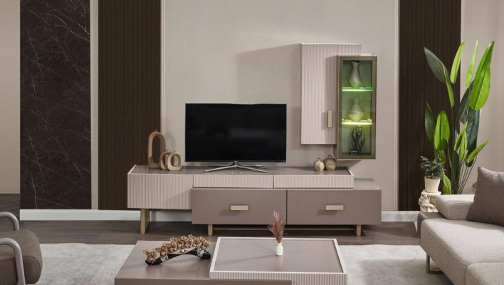 Wohnzimmer TV Ständer Wandschrank RTV Lowboard Holz Beige Tisch Gruppe