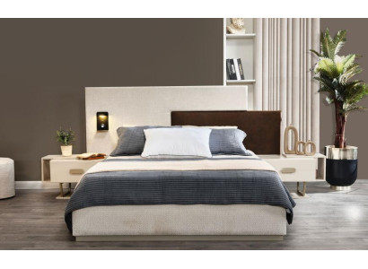 Weiße Schlafzimmer Garnitur Holz Nachttische Polster Doppelbett 3tlg Set