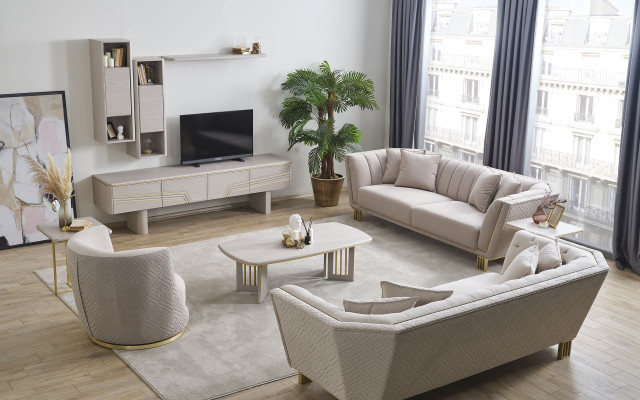 Weiße Chesterfield Wohnzimmer Garnitur 4+3 Sitzer Sessel Luxus Couchtisch
