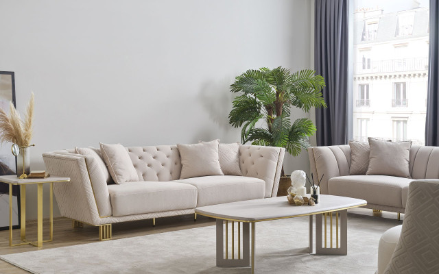 Weiße Chesterfield Wohnzimmer Garnitur 4+3 Sitzer Sessel Luxus Couchtisch