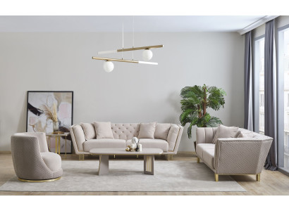 Weiße Chesterfield Wohnzimmer Garnitur 4+3 Sitzer Sessel Luxus Couchtisch