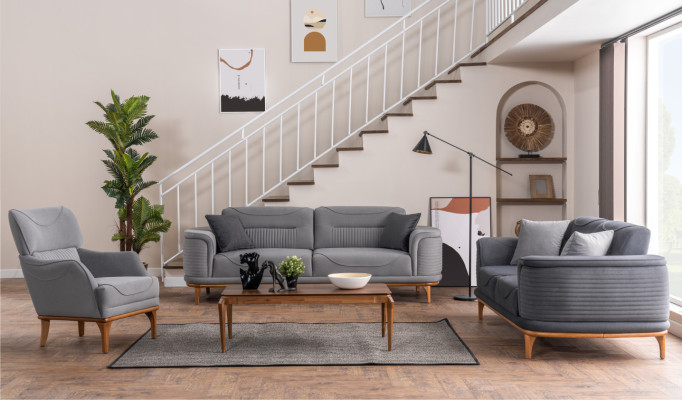 Modernes graues  2-teiliges Wohnzimmerset Dreisitzer-Sofa und Sessel