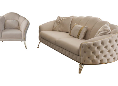 Modern Beige Wohnzimmer Set  Sofa 3 Sitzer Sessel Textil Sessel Wohnzimmer