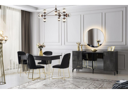 Esszimmer-Set 6tlg Esstisch Stühle Sideboard mit Spiegel Dunkelgrau Einfarbig