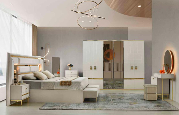 Komplett Schlafzimmer-Set 5 tlg Bett Nachttische Schminktisch Spiegel Schrank