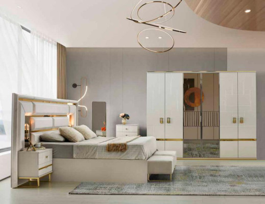Schlafzimmer-Set 4tlg Bett Nahcttische Kleiderschrank Weiß Gold Zweifarbig
