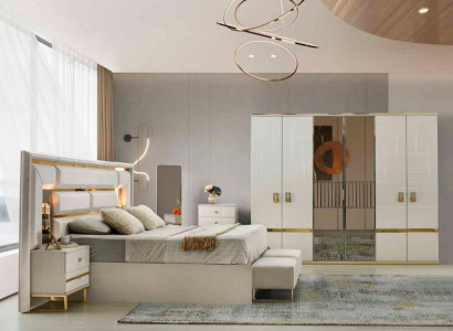 Schlafzimmer-Set 4tlg Bett Nahcttische Kleiderschrank Weiß Gold Zweifarbig