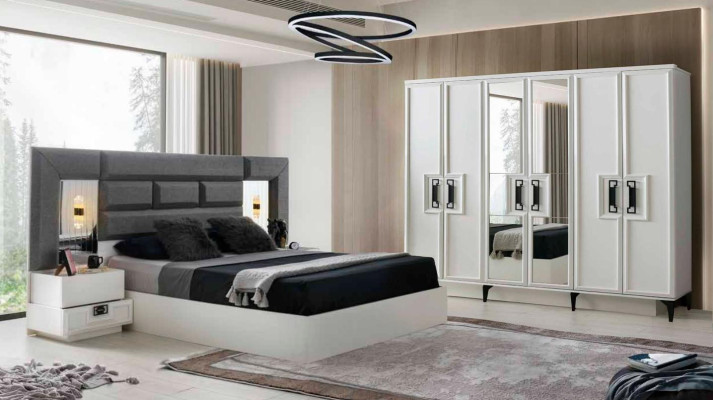 Schlafzimmer-Set Komplett 4tlg Bett Kleiderschrank Nachttische Weiß Grau Modern