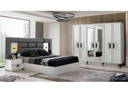 Schlafzimmer-Set Komplett 4tlg Bett Kleiderschrank Nachttische Weiß Grau Modern