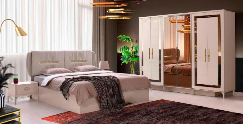 Schlafzimmer Beige Set 4tlg Bett Nachttische Kleiderschrank Modern Design