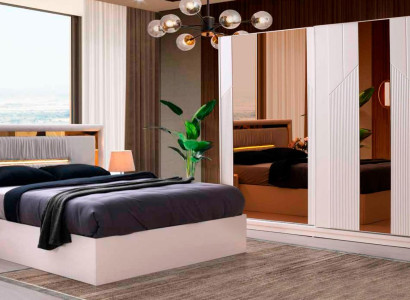 Schlafzimmer Komplett Set 4tlg Bett Nachttische Kleiderschrank Weiß Gold