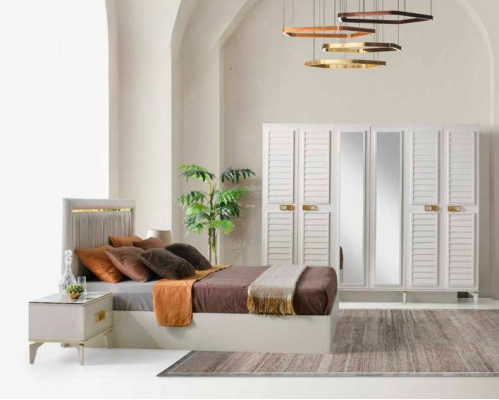 Komplett Schlafzimmer-Set Bett Nachttische Kleiderschrank 4tlg Weiß Einfarbig