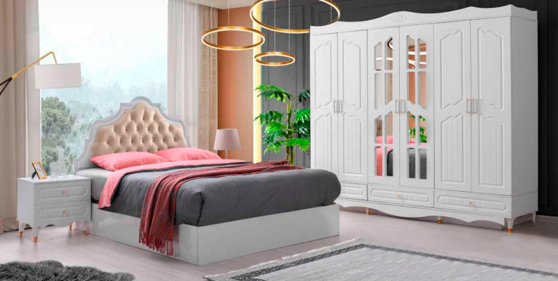 Schlafzimmer-Set 4tlg Klassisch Bett Nachttische Kleiderschrank Rechteck Modern