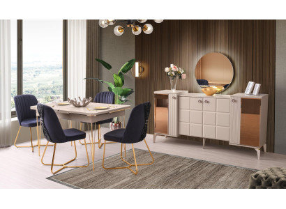 Esszimmer-Set 6tlg Beige Esstisch Stühle Sideboard mit Spiegel Modern Design