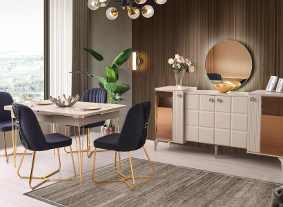 Esszimmer-Set 6tlg Beige Esstisch Stühle Sideboard mit Spiegel Modern Design
