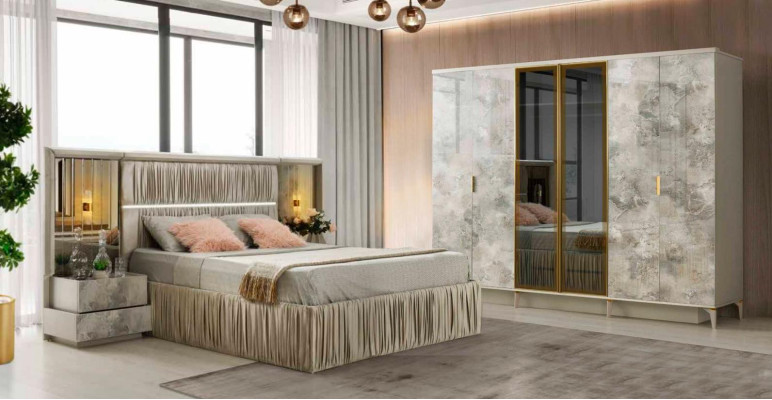 Schlafzimmer Komplett Set 4tlg Bett Nachttische Kleiderschrank Grau Einfarbig