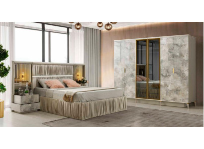 Schlafzimmer Komplett Set 4tlg Bett Nachttische Kleiderschrank Grau Einfarbig