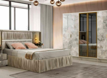 Schlafzimmer Komplett Set 4tlg Bett Nachttische Kleiderschrank Grau Einfarbig