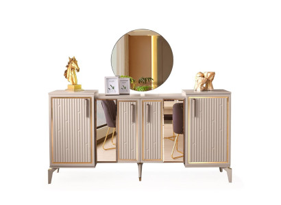 Anrichte Modern Rechteck Design Beige Gold Zweifarbig Esszimmer mit Spiegel