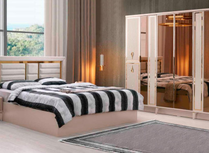 Schlafzimmer 4tlg Set Doppelbett Nachttische Kleiderschrank Beige Gold Modern