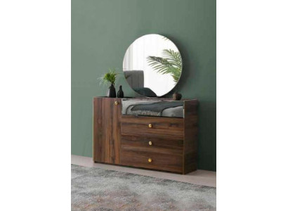 Schlafzimmer Kommode mit Rund Spiegel Braun Modern Rechteckig Design Stil