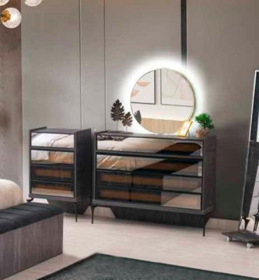 Kommode mit Spiegel Grau Einfarbig Modern Rechteckig Form Schlafzimmer Stil